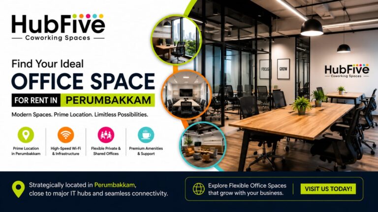 HubFive coworking office space for rent in Perumbakkam with modern workspaces, meeting rooms, and flexible office solutions.